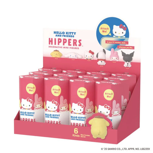 Display box of Hello Kitty and Friends Hippers decorative mini figures with pink packaging.