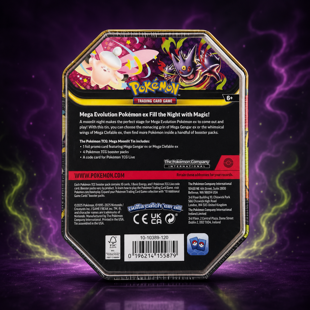 Pokemon TCG Mega Moonlit Tin back showing contents including 4 booster packs and Pokemon TCG Live code card