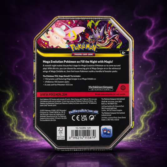 Pokemon TCG Mega Moonlit Tin back showing contents including 4 booster packs and Pokemon TCG Live code card