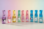 Set of colorful plastic spray bottles with Sanrio and Disney characters on a white background