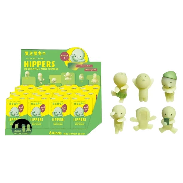 Packaging and decorative mini figures of 'Hippers' with a white background