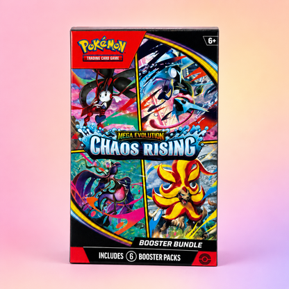 Pokémon TCG Mega Evolution Chaos Rising Booster Bundle box front with Mega Greninja ex and Mega Pyroar ex artwork, includes 6 booster packs