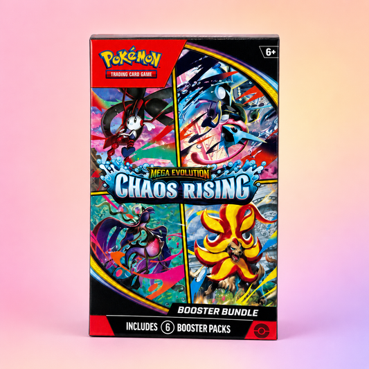 Pokémon TCG Mega Evolution Chaos Rising Booster Bundle box front with Mega Greninja ex and Mega Pyroar ex artwork, includes 6 booster packs