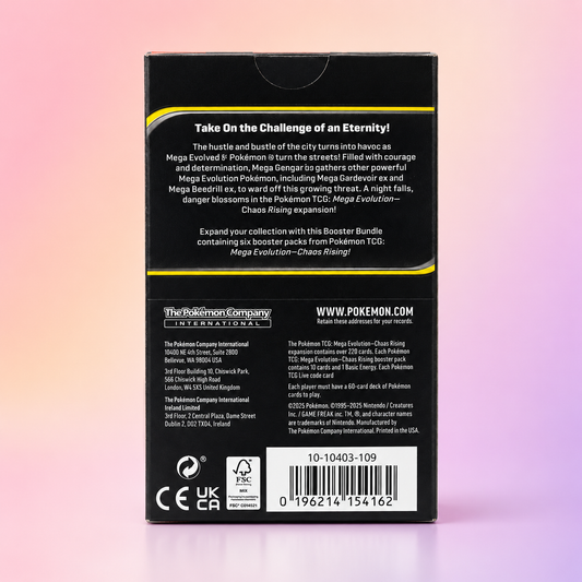 Back of Pokémon TCG Chaos Rising Booster Bundle box showing expansion details, official Pokémon Company packaging, and product barcode