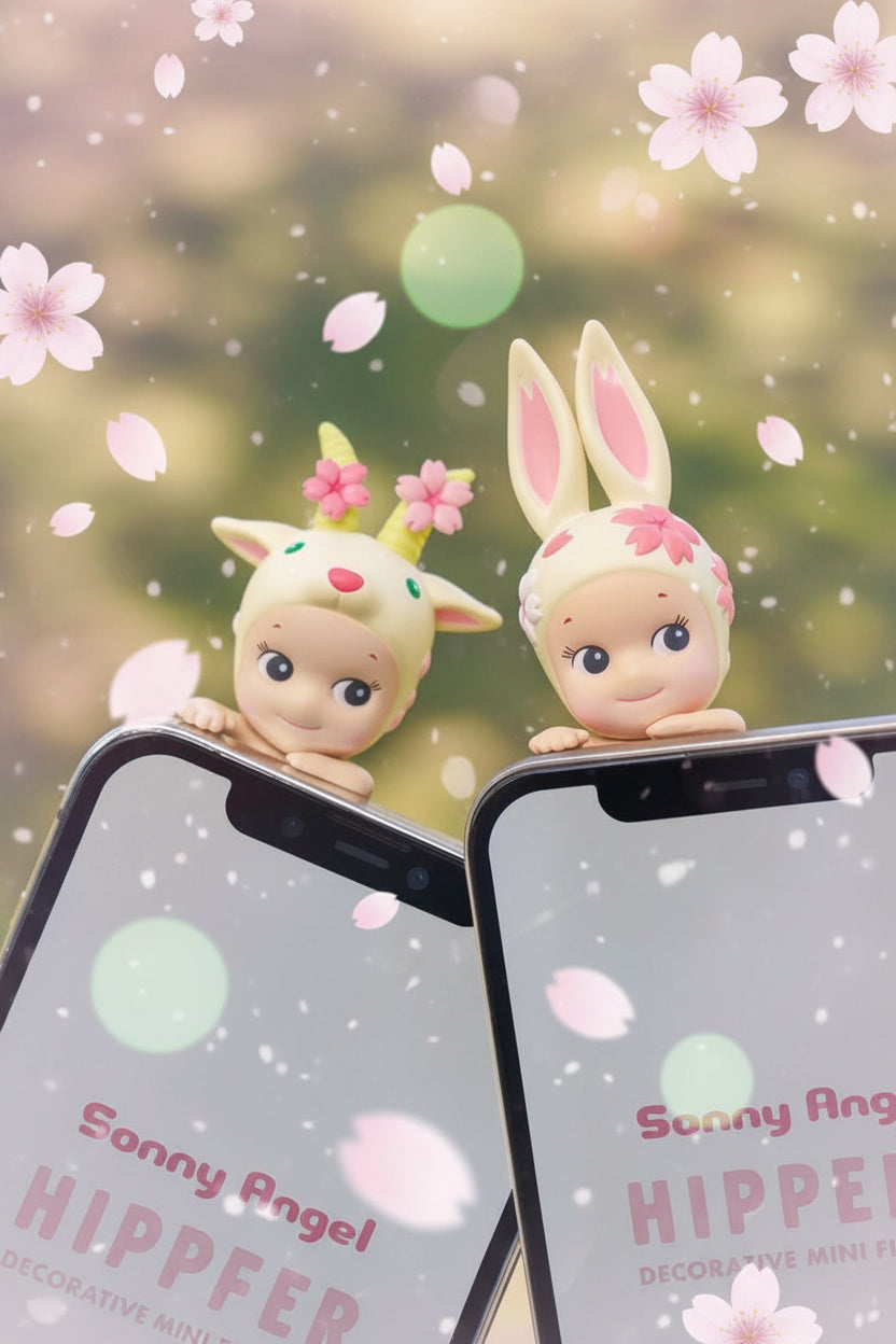 Two Sonny Angel figurines on a smartphone with a blurred green background