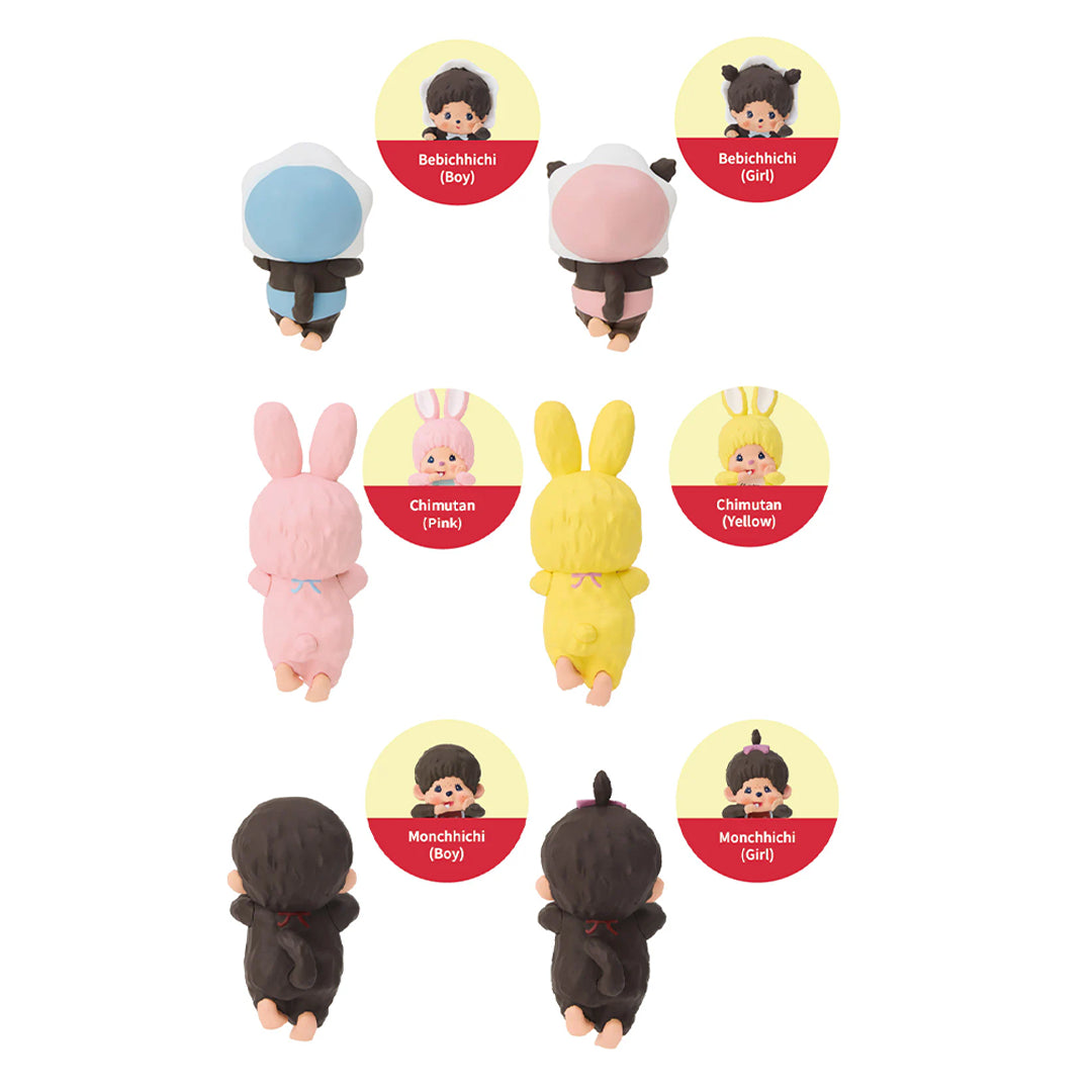 Set of small figurines with different colored bodies and faces on a white background