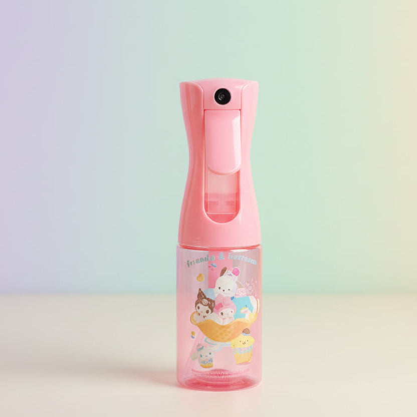 Pink spray bottle with cartoon character on a white surface with colorful bottles in the background.