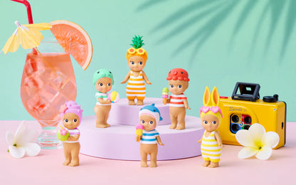 Sonny Angel kawaii blind box figures in striped summer swimwear – Sun-Kissed Style pineapple shark and unicorn designs