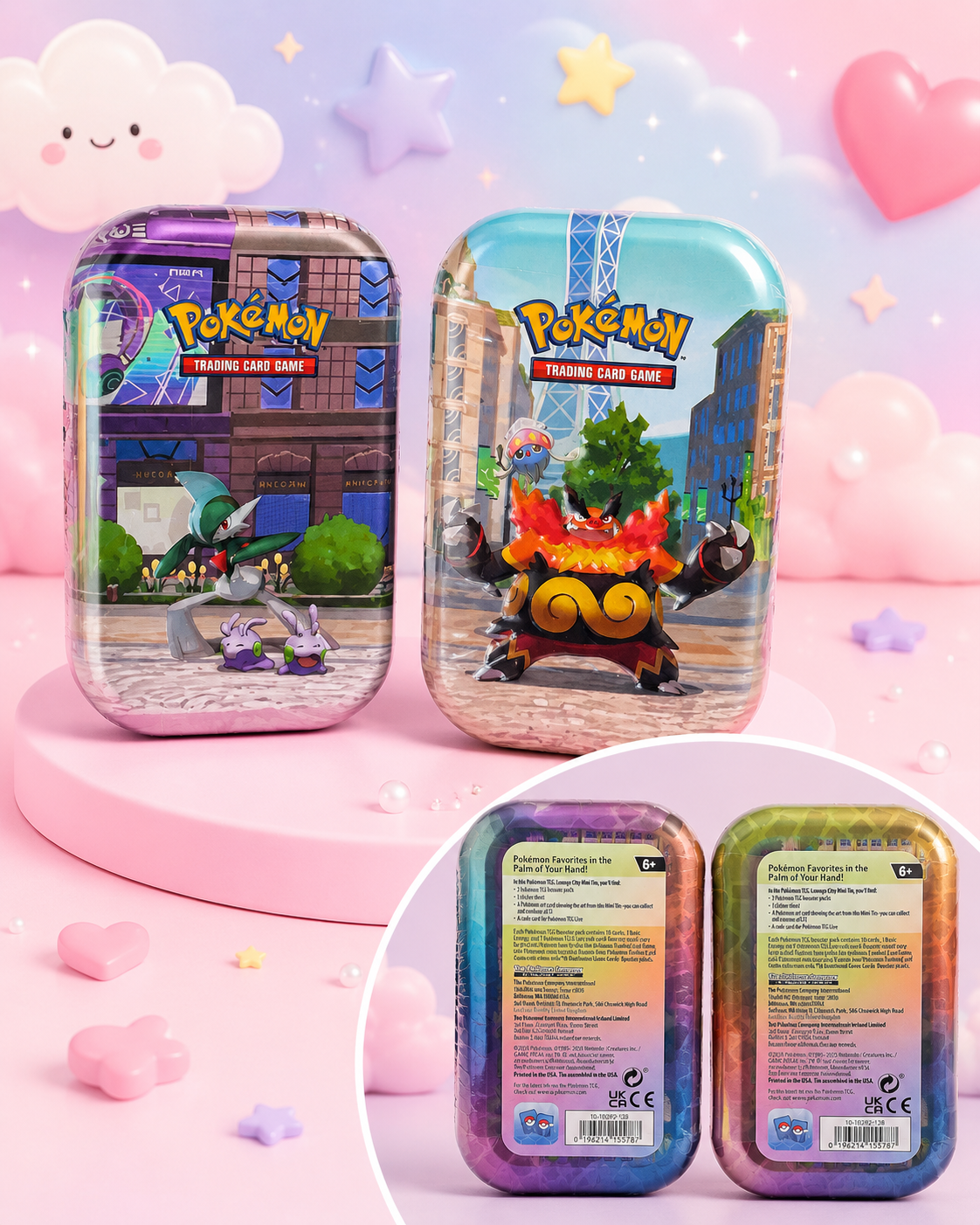 Both Pokémon TCG Lumiose City Mini Tin designs Gallade Goomy and Emboar Inkay shown together with back labels