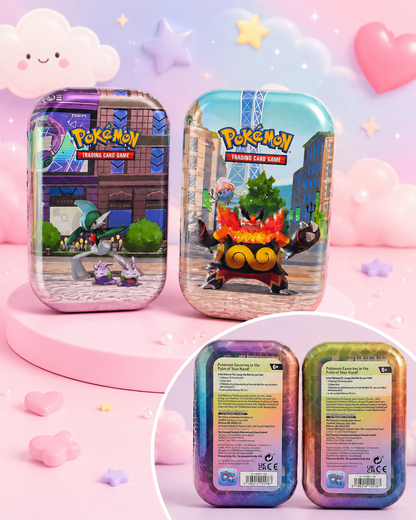 Both Pokémon TCG Lumiose City Mini Tin designs Gallade Goomy and Emboar Inkay shown together with back labels
