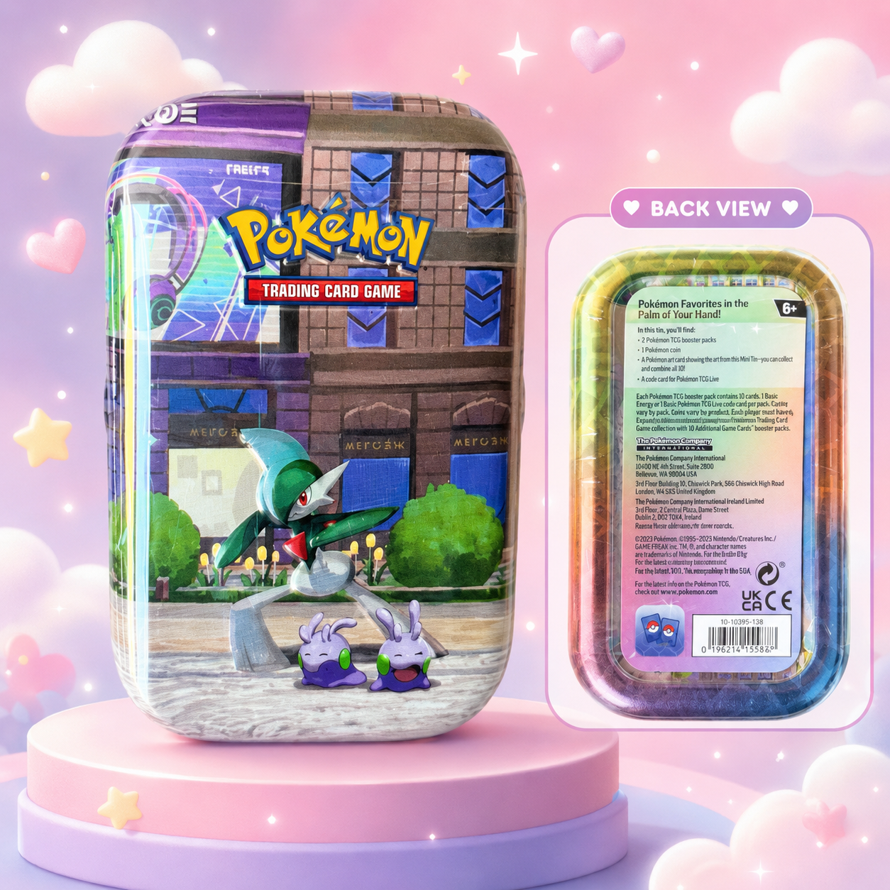 Pokémon TCG Lumiose City Mini Tin Gallade and Goomy design showing front artwork and back view with contents