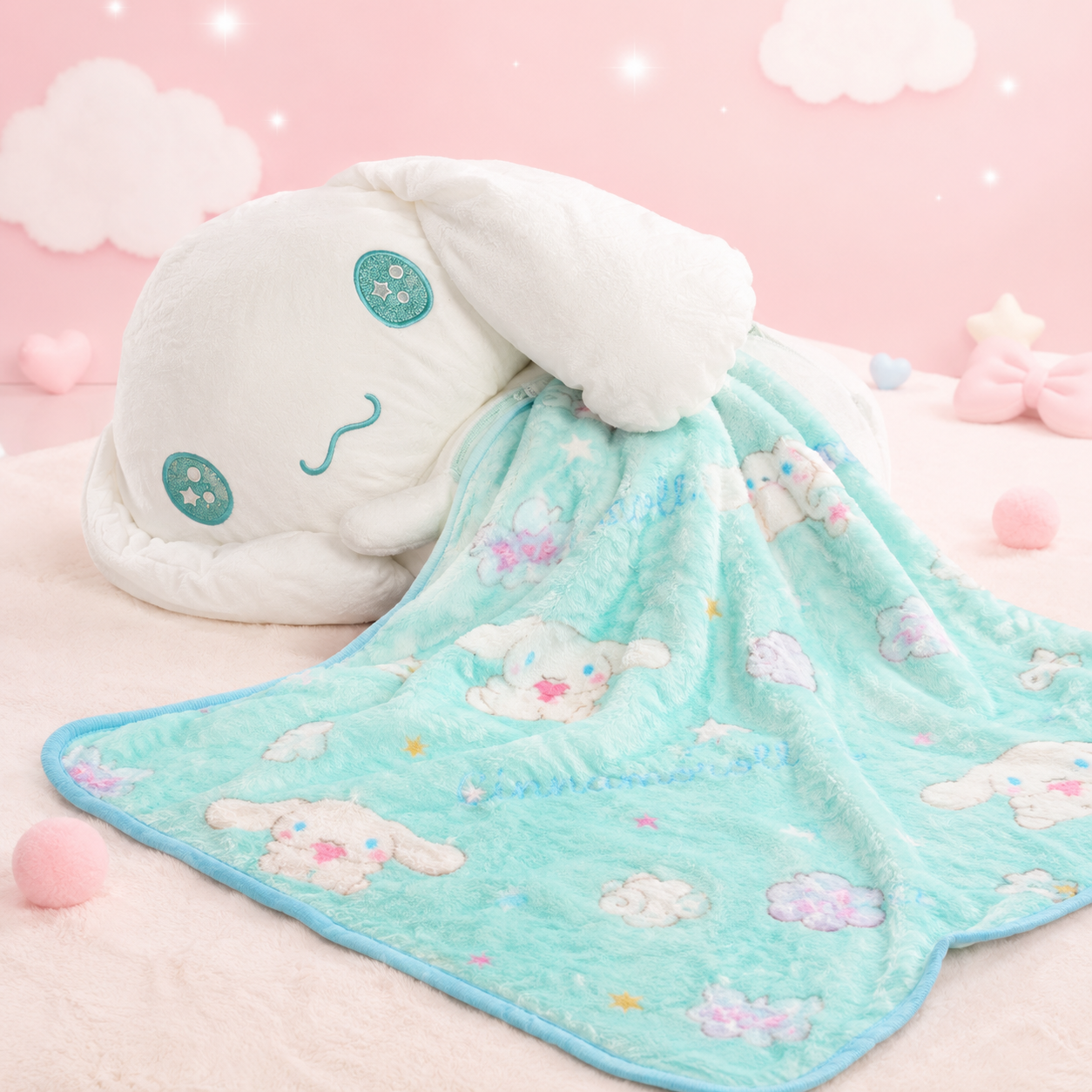 2-in-1 Cinnamoroll plush pillow and blanket set with soft mint throw blanket fully spread out