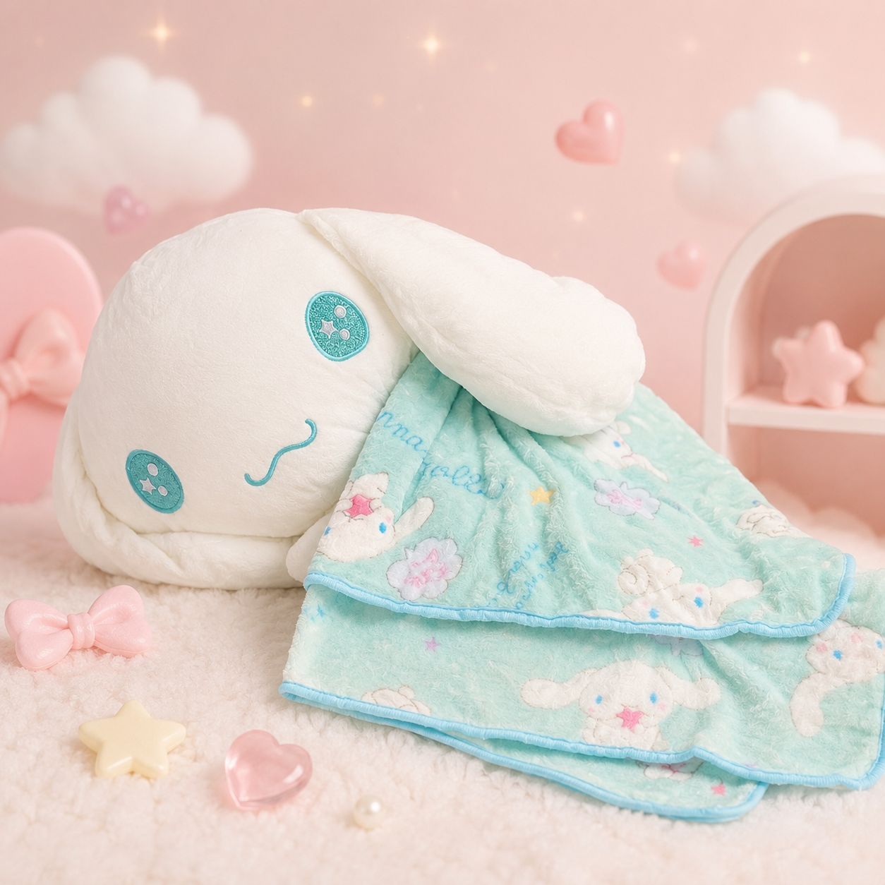 Cinnamoroll sleeping plush pillow with embroidered teal eyes lying on pink pastel background