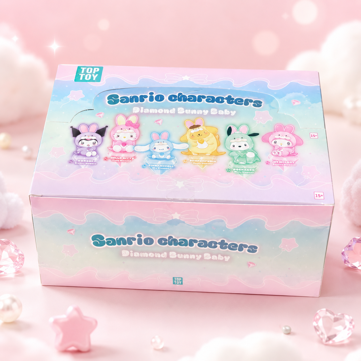 TOP TOY Sanrio Characters Diamond Bunny Baby blind box featuring Hello Kitty, Kuromi, Cinnamoroll, My Melody, Pompompurin, and Pochacco in pastel bunny costumes