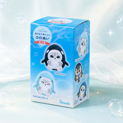 mofusand Sea Creatures Koronui plush blind box by Parade with whale shark and penguin cat plush designs