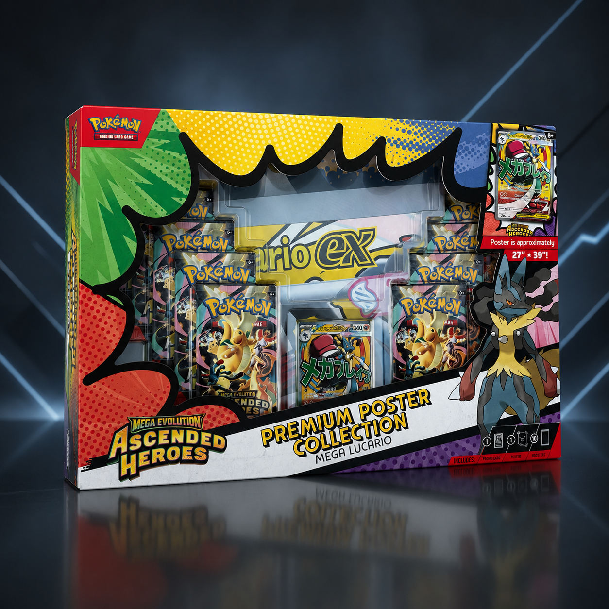 Ascended Heroes Premium Poster Collection Mega Lucario ex box packaging angle view