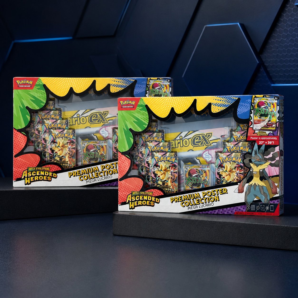 Mega Lucario ex Premium Poster Collection box showing foil promo card and 10 Ascended Heroes booster packs