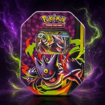 Pokemon TCG Mega Moonlit Tin front with Mega Gengar ex foil promo card and purple Gengar artwork