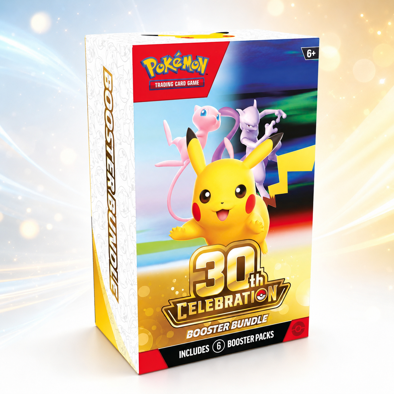 Pokémon TCG 30th Celebration Booster Bundle front of box with Pikachu, Mew and Mewtwo — includes 6 booster packs