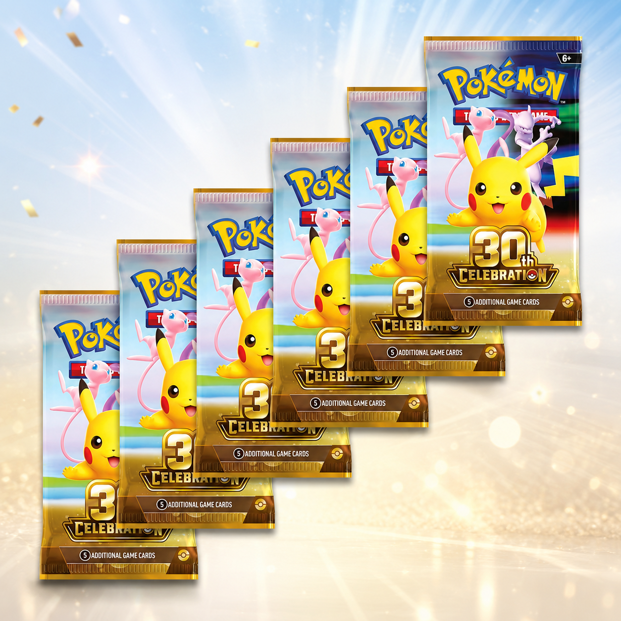 Back of the Pokémon TCG 30th Celebration Booster Bundle box describing the 30th anniversary set and its 6 booster packs