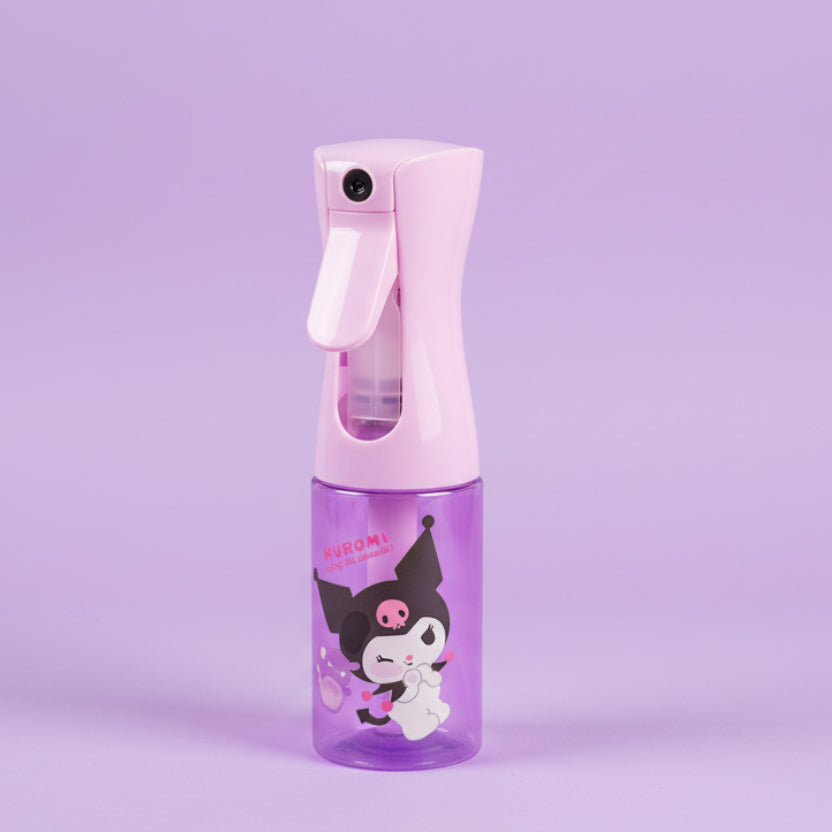 Pink spray bottle with Kuromi on a white surface on gradient