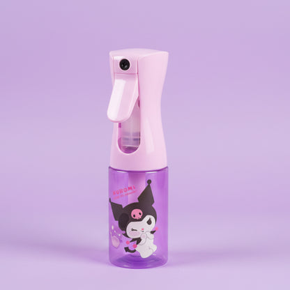 Pink spray bottle with Kuromi on a white surface on gradient