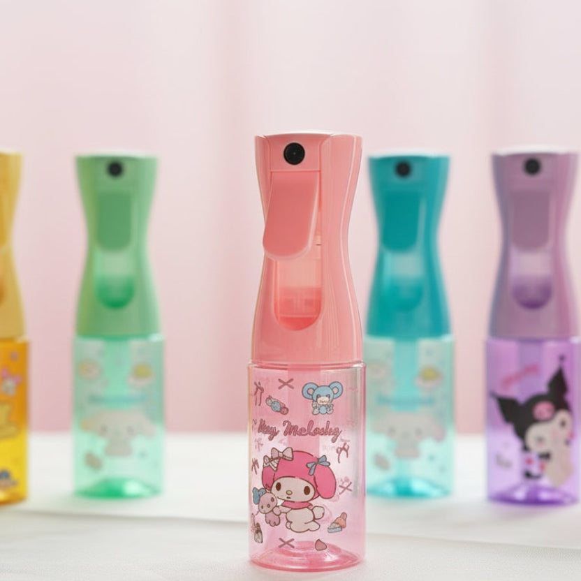 Colorful children's bottles with cartoon designs on a light surface.