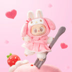 Cute plush toy with bunny ears on a pink background