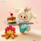 Plush toy character holding a cake over a campfire on a pink background