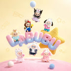 Colorful plush toys with 'Sanrio' branding on a yellow background