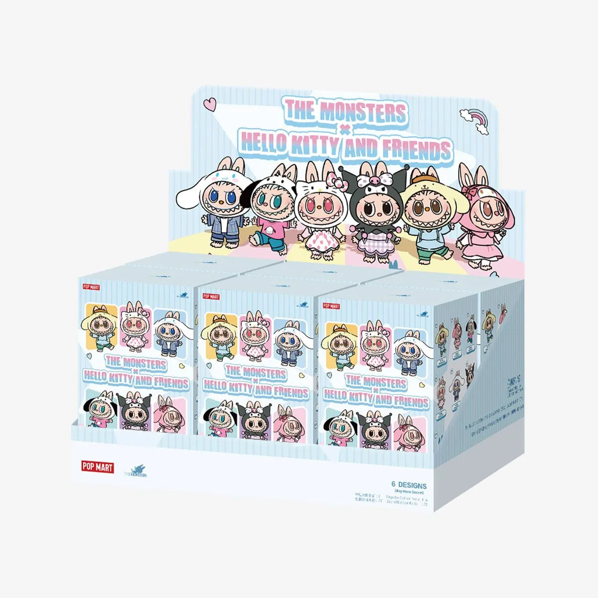 Display box of 'The Monsters Hello Kitty and Friends' figures on a white background