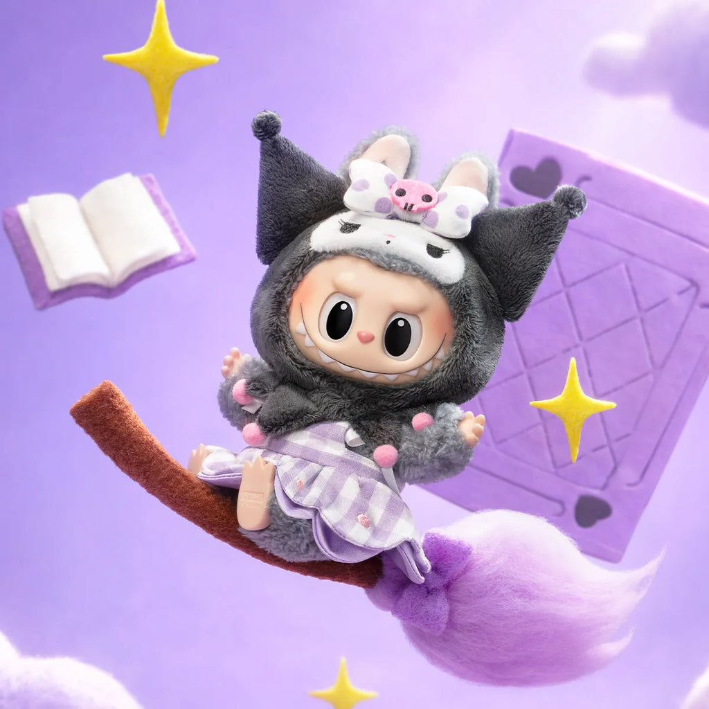 Toy figure of a character in a witch costume on a purple background with stars and cards.
