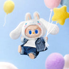 Plush toy character with bunny ears and a denim outfit surrounded by colorful balloons against a light blue background