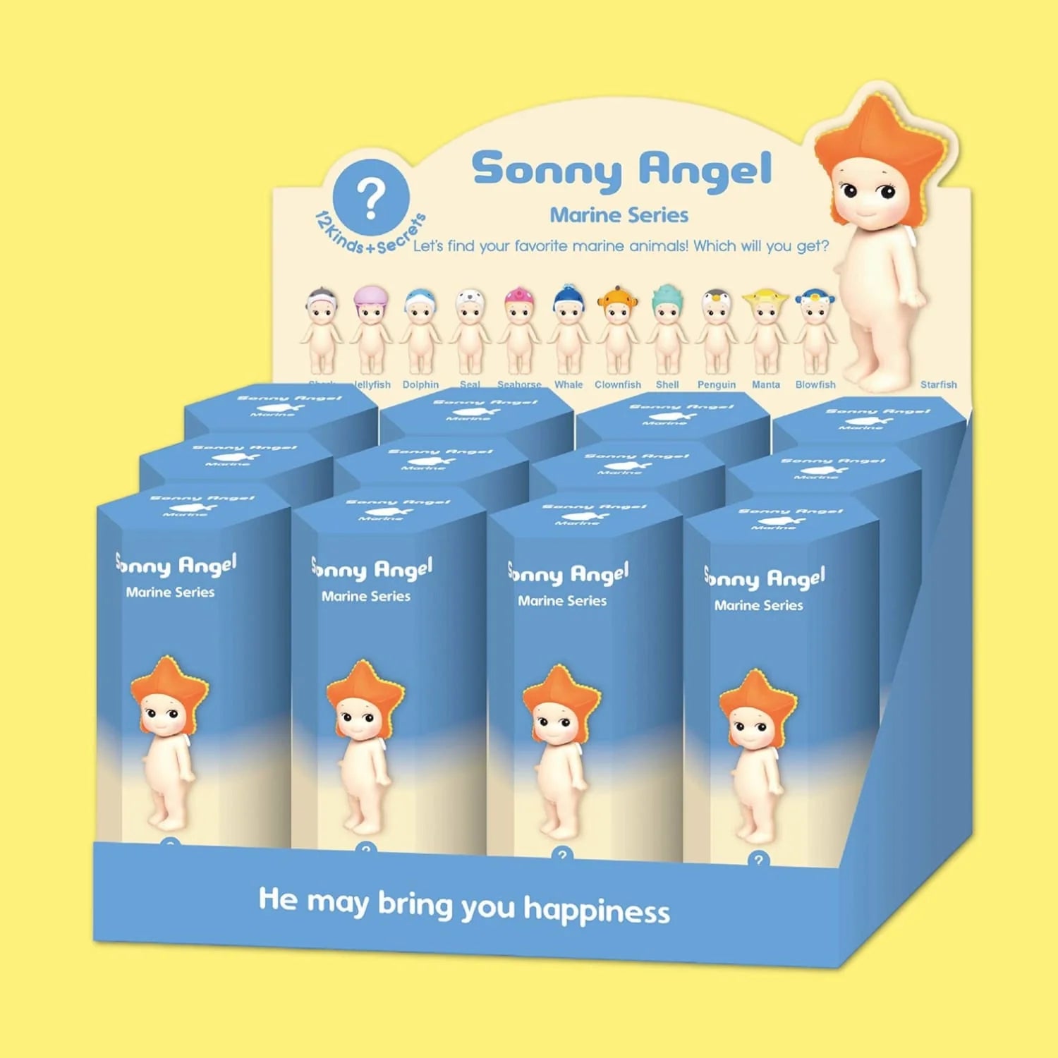 Display of Sonny Angel Marine Series figurine boxes on a yellow background