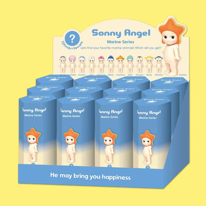 Display of Sonny Angel Marine Series figurine boxes on a yellow background