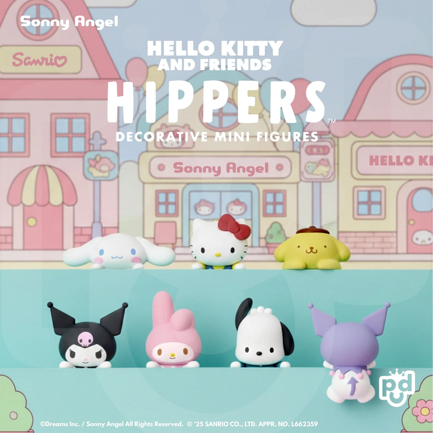 Decorative mini figures of Hello Kitty and friends with a colorful background featuring a house and rainbow.