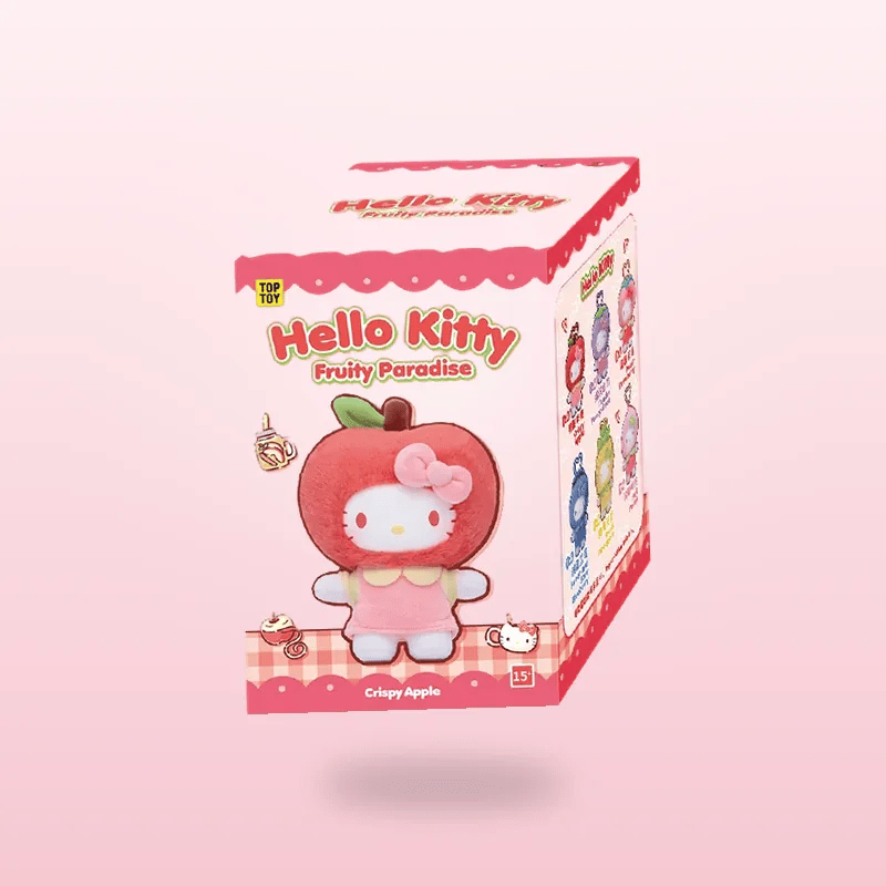 A Hello Kitty 'Fruity Paradise' blind box in the 'Crispy Apple' flavor, featuring a red apple-shaped plush character with a pink bow and dress. The box is shown floating against a soft pink gradient background.