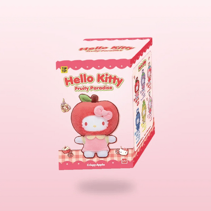 A Hello Kitty 'Fruity Paradise' blind box in the 'Crispy Apple' flavor, featuring a red apple-shaped plush character with a pink bow and dress. The box is shown floating against a soft pink gradient background.