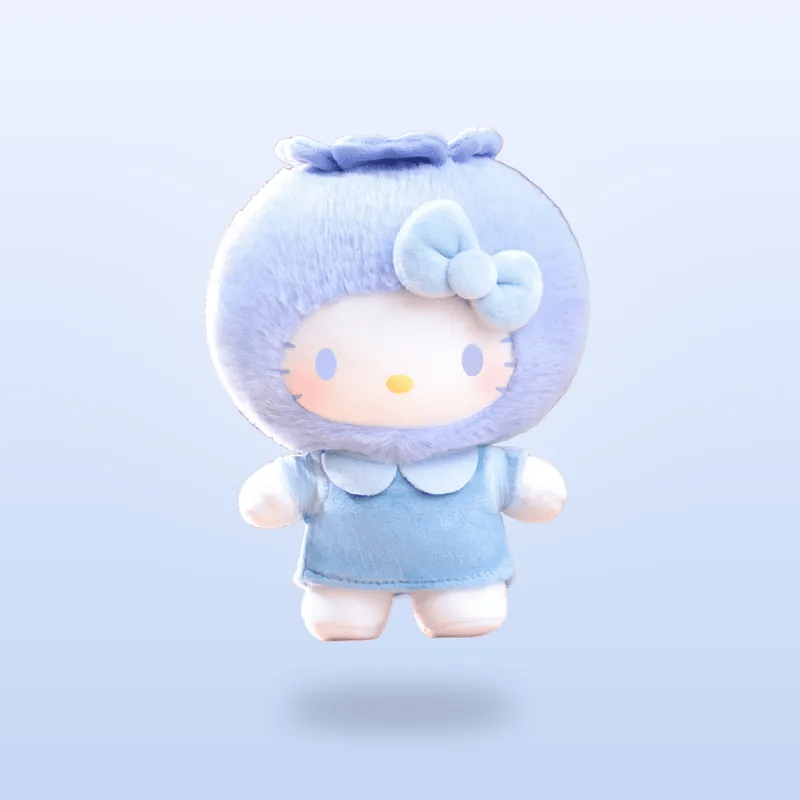 A plush toy character floating against a soft light blue gradient background. The character has a round fuzzy light blue head with a matching bow on the side, a pale face, and is wearing a light blue dress with a white collar.