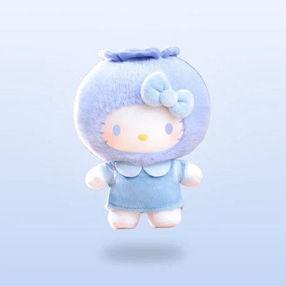 A plush toy character floating against a soft light blue gradient background. The character has a round fuzzy light blue head with a matching bow on the side, a pale face, and is wearing a light blue dress with a white collar.