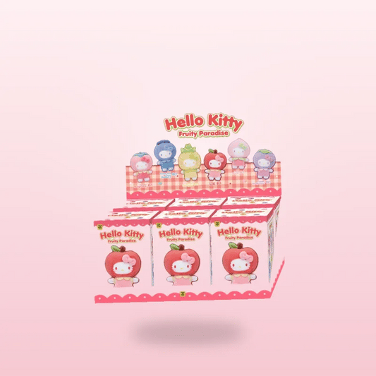 Hello Kitty Fruiti Paradise collectible blind box display set featuring three individual boxes and a backer board with illustrated character figures, shown on a soft pink gradient background.