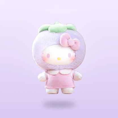 A cute Hello Kitty plush toy dressed in a pastel lavender apron and green leafy headpiece, with a pink bow and pink dress, floating against a soft lavender gradient background.
