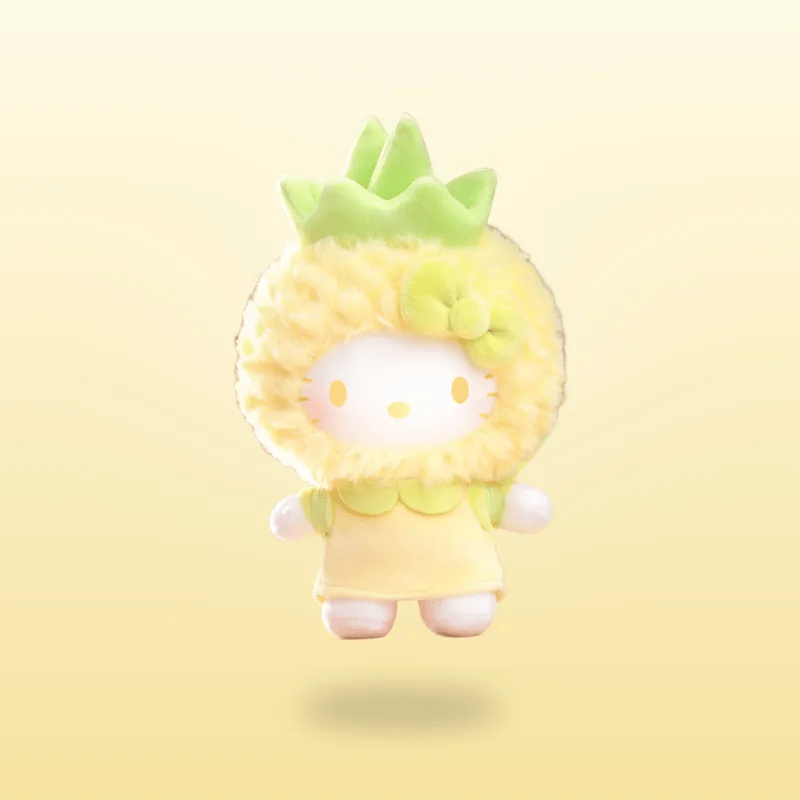 A Hello Kitty character plush toy styled like a fluffy yellow lion with green mane and crown, floating against a soft yellow gradient background.