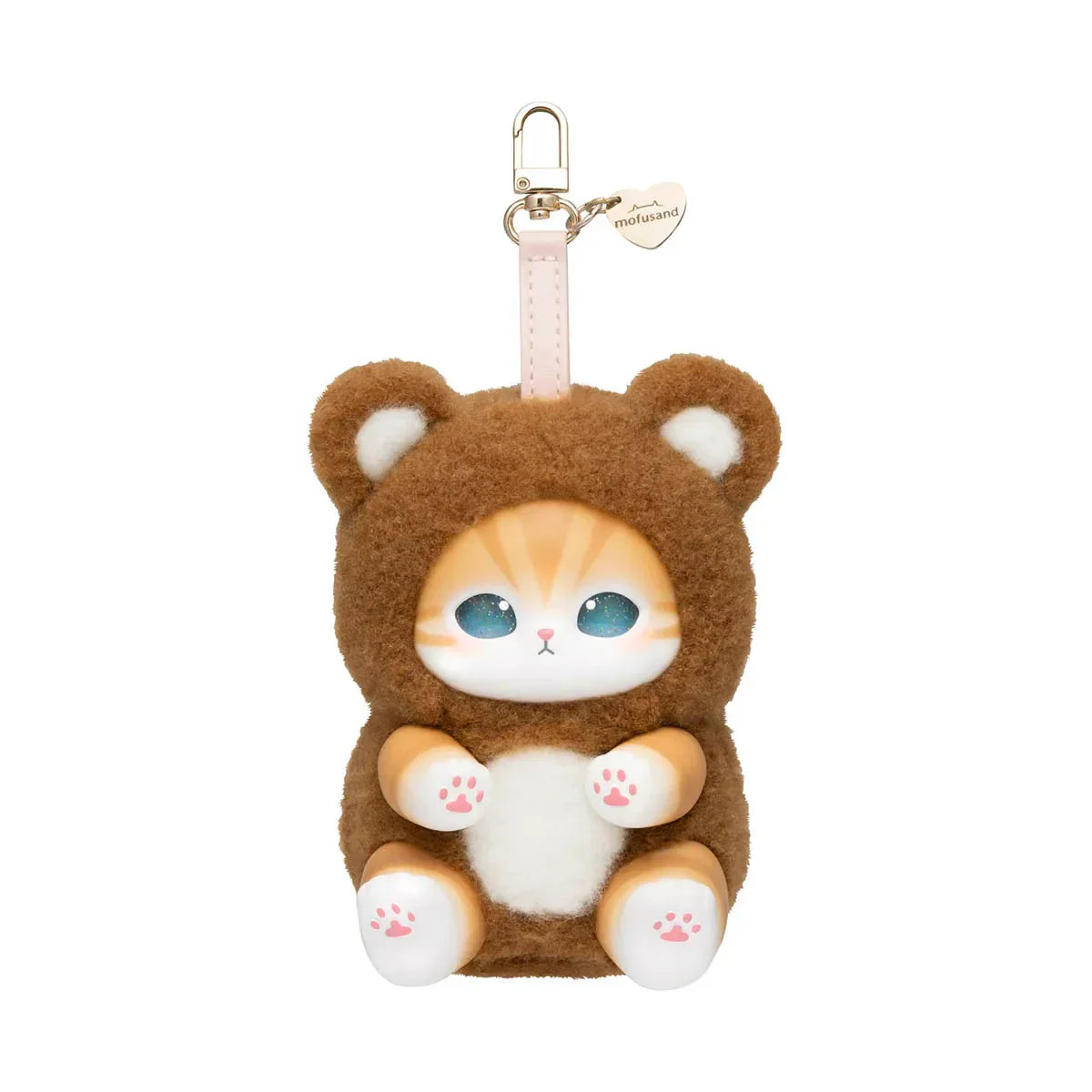 Plush keychain in the shape of a cat in a bear costume on a white background, Mofusand Fluffy Kittens Kiramekko bear plush keychain kawaii collectible
