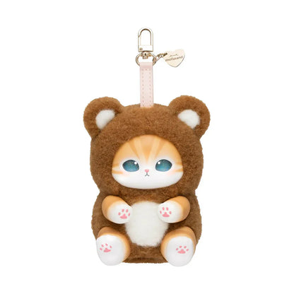 Plush keychain in the shape of a cat in a bear costume on a white background, Mofusand Fluffy Kittens Kiramekko bear plush keychain kawaii collectible