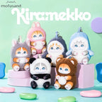 Collection of plush keychains with animal designs on a colorful background, featuring the brand 'mofusand' and 'Kiramekko'.