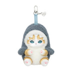 Cat-shaped plush keychain with gray hood on a white background