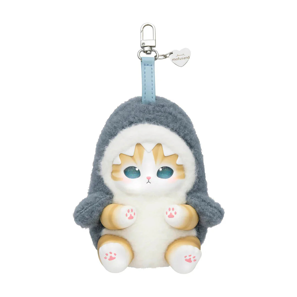 Cat-shaped plush keychain with gray hood on a white background