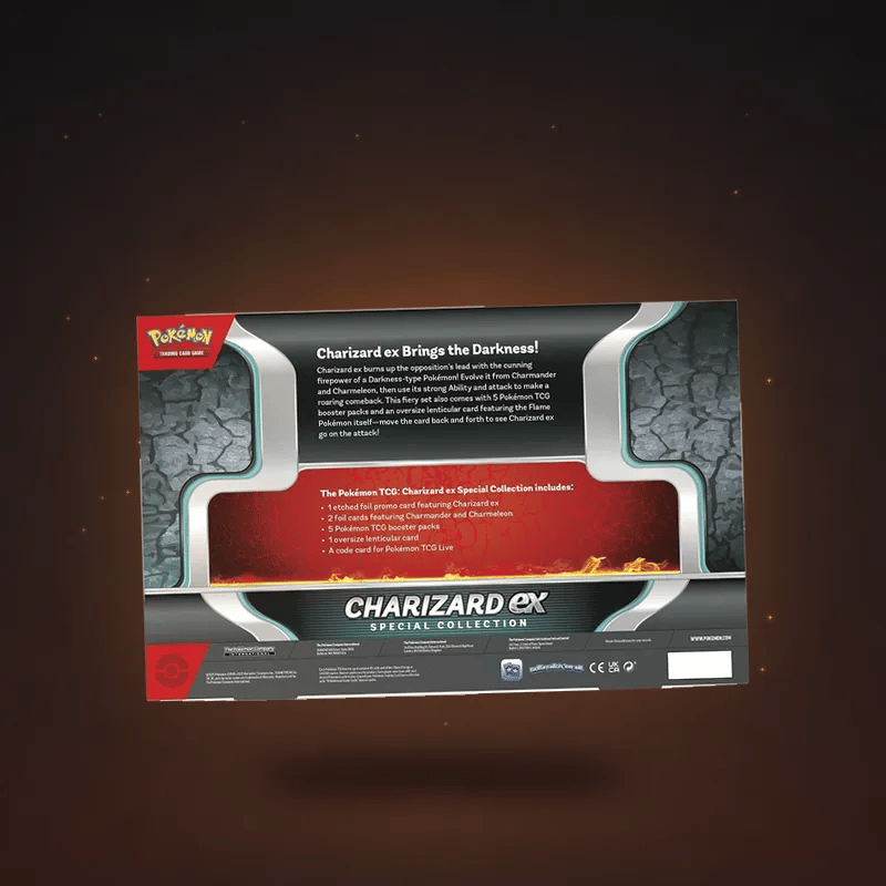 Animated back of the Charizard ex Special Collection box gently floating with drifting embers