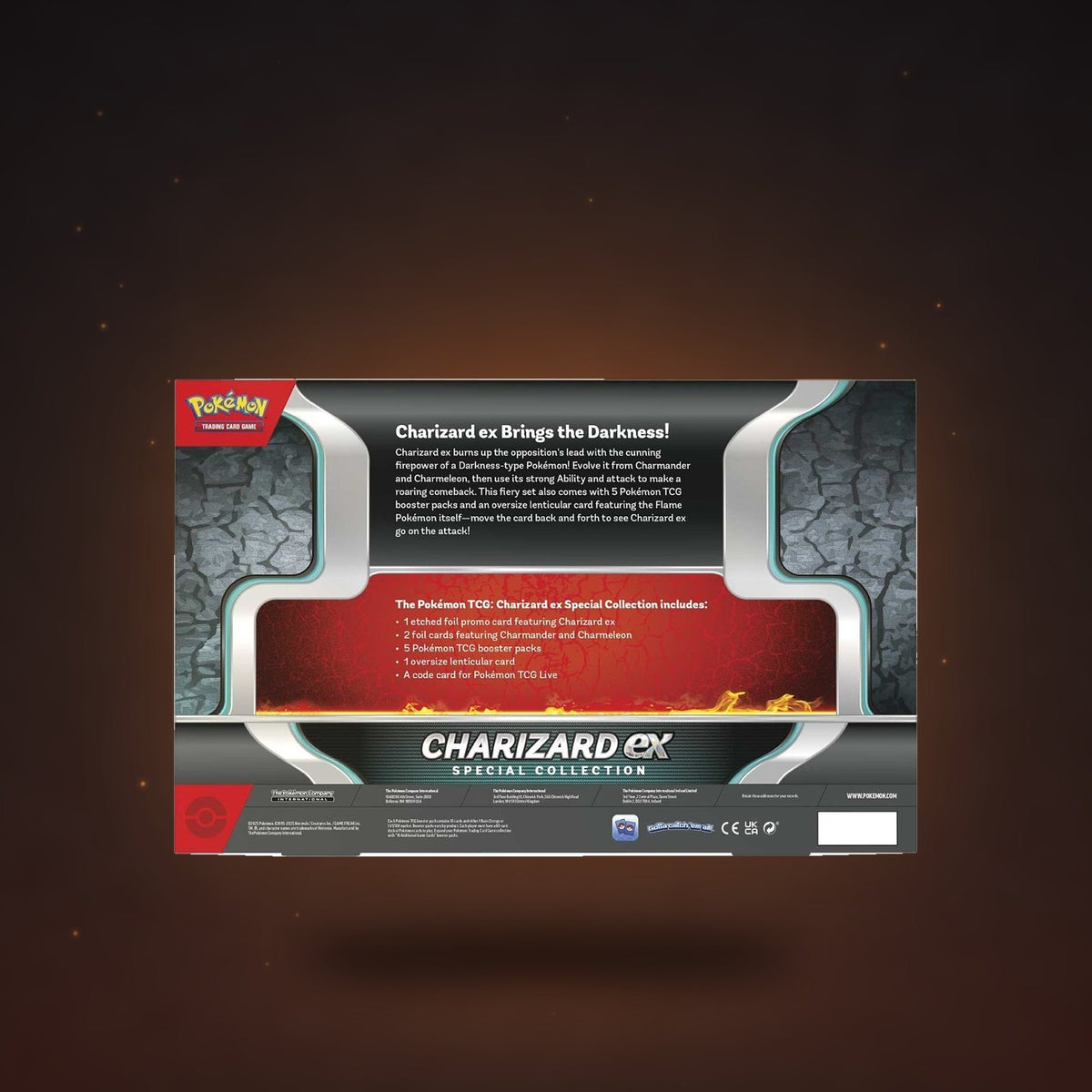 Back of Pokémon TCG Charizard ex Special Collection box floating on a warm ember backdrop, listing the etched foil promo, Charmander and Charmeleon foils, 5 booster packs and lenticular card